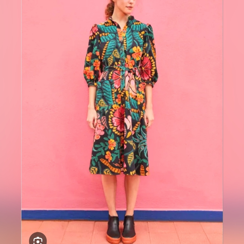 FARM Rio Black Floral Print Flowerdoscopic Puff Sleeve Midi Dress, Size XS